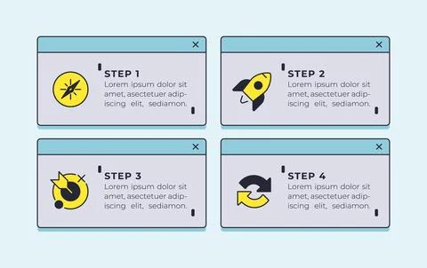 Office workflow management retro operating system square infographic 4 steps Stock Illustration