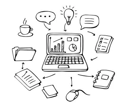 Office Workflow Scene with Laptop and Documents Hand Drawn Doodle Illustratio Illustrazione stock