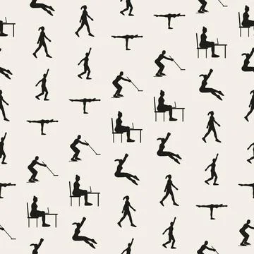Office workout seamless pattern with black woman silhouettes sitting at laptop Stock Illustration