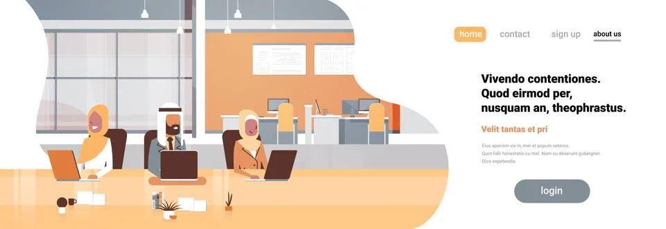 Office workplace arabic team using laptop working process arab business people Stock Illustration