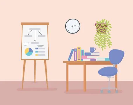 Office workplace board presentation report desk books chair clock plant and Stock Illustration