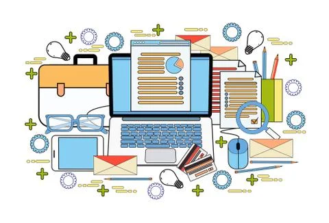 Office Workplace Computer Desktop With Finance Chart Business Statistic Data 스톡 일러스트