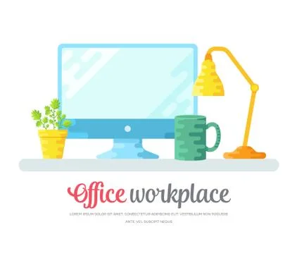 Office workplace with computer, lamp, mug, and potted plant. Layout modern Stock Illustration