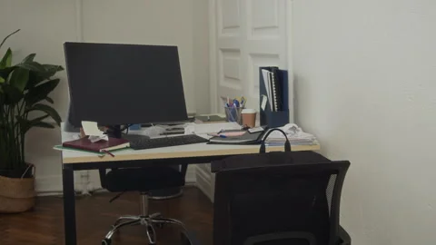 Office Workplace with Computer on Table, Documents, Folders and Chair Stock Footage 330447989