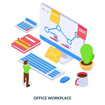 Office workplace concept. Isometric vector illustration on white background. Stock Illustration