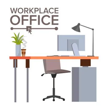 Office Workplace Concept Vector. Office Desk. Modern Developer Studio Interio Stock Illustration