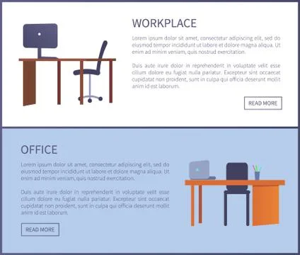 Office Workplace Design Table, Computer and Chair 스톡 일러스트