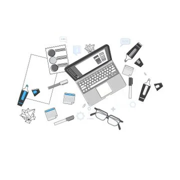 Office Workplace Desk Top Angle View Thin Line Stock Illustration
