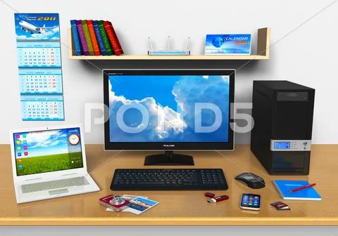 Office workplace with desktop computer, laptop and other devices Stock Illustration