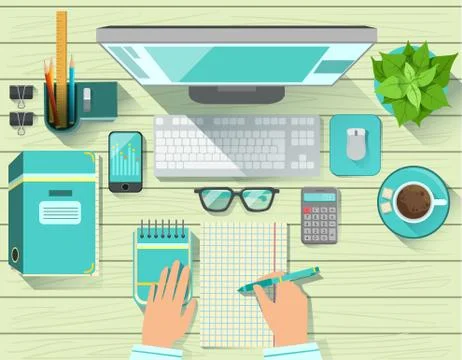 Office Workplace Elements Set View From Above Stock Illustration