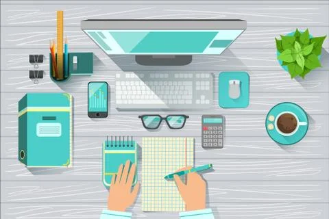 Office Workplace Elements Set View From Above Ilustração Stock