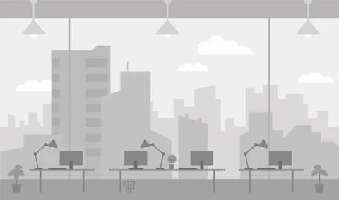 Office workplace gray color background room large window with splendid view Stock Illustration