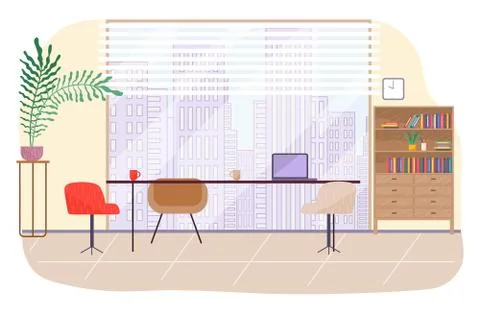 Office workplace interior design flat illustration. Business objects, elements Stock Illustration