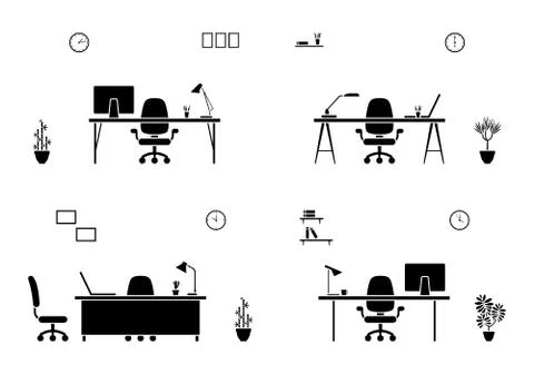 Office workplace interior icon set Stock Illustration