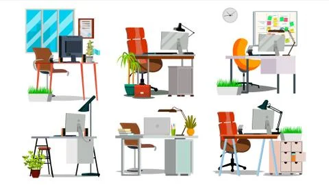 Office Workplace Interior Set . Interior Of The Office Room, Creative Developer Stock Illustration