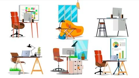 Office Workplace Interior Set . Interior Of The Office Room, Creative Developer Stock Illustration