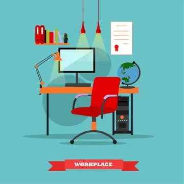 Office workplace interior. Work at home concept vector illustration in flat Stock Illustration