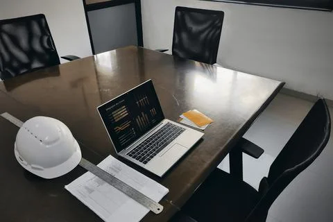 Office workplace with laptop desktop notes paper on a wooden business meeti.. Stock Photos