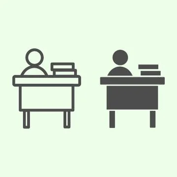 Office workplace line and solid icon. Businessman working at desk with books Stock Illustration