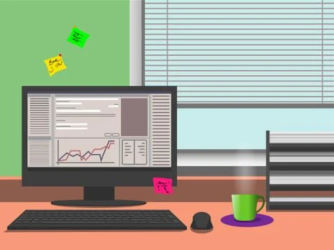 Office workplace near the window, the computer, desk document organizer and t イラスト素材