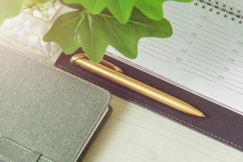 Office workplace with notebook and pot plant close up. Stock Photos