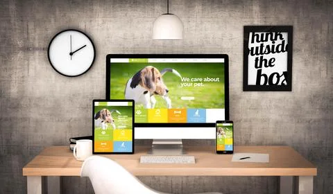 Office workplace with pet website devices collection Stock Illustration