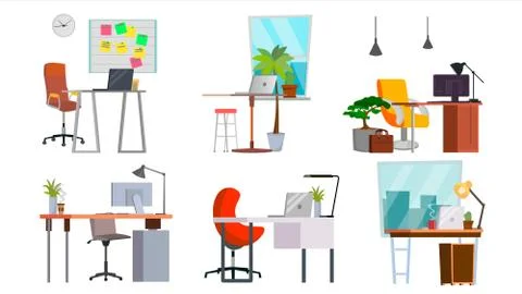 Office Workplace Set Vector. Interior Of The Office Room, Creative Developer  Stock Illustration