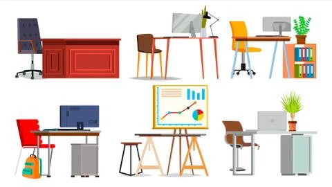 Office Workplace Set Vector. Interior Of The Office Room, Creative Developer Stock Illustration