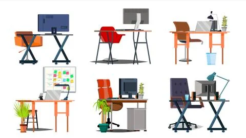 Office Workplace Set Vector. Interior Of The Office Room. PC, Computer, Laptop Stock Illustration