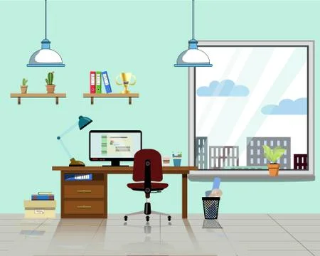 Office workplace with table, bookcase, window with house plant Stock-Illustration