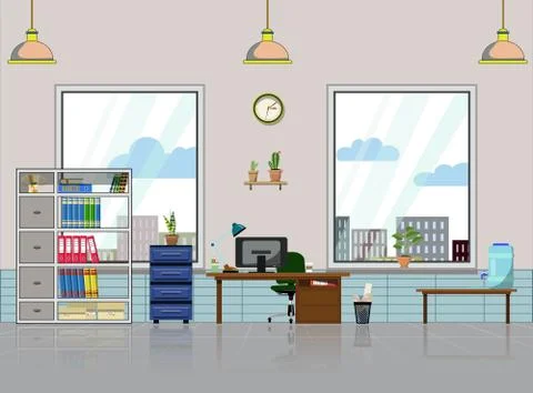 Office workplace with table, bookcase, windows with house plant イラスト素材