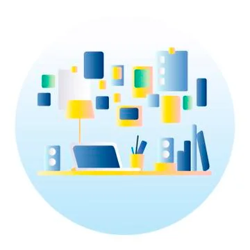 Office workplace. On the table is a laptop, lamp, cup, cactus. Vector illustr Stock Illustration
