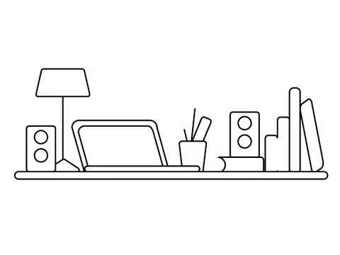 Office workplace. On the table is a laptop, lamp, cup. Vector illustration wi Stock Illustration
