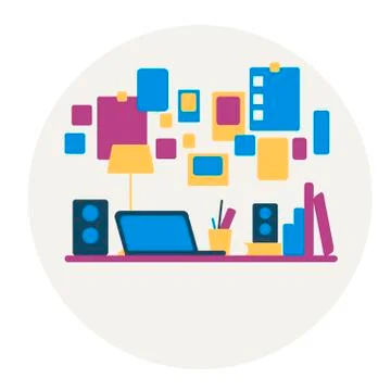 Office workplace. On the table is a laptop, lamp, cup, cactus. Vector illustr 스톡 일러스트