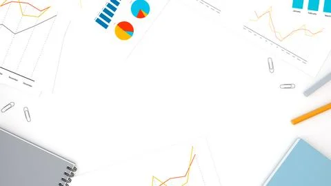 Office workplace table with report page, supplies, diagram, notepad and pen.. Stock Illustration