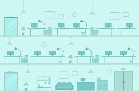 Office Workplace tables monitors background for banner Stock Illustration