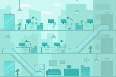 Office Workplace tables monitors with view from window background for banner Stock Illustration
