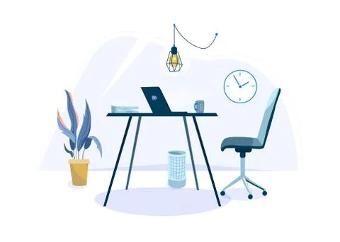 Office workplace vector background for one person with desk, chair, laptop, cup Stock Illustration