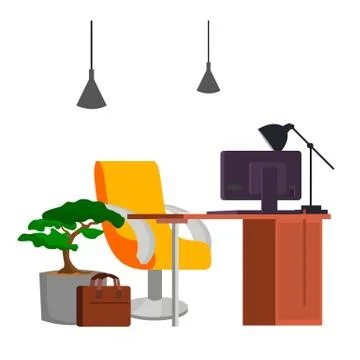 Office Workplace Vector. Office Desk, PC. Modern Developer Studio Interior. C Illustrazione stock