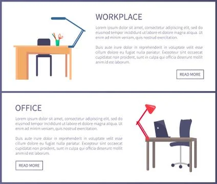 Office Workplace Web Posters Set with Empty Tables Stock Illustration