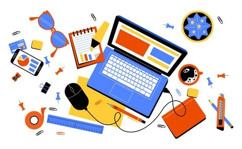 Office workplace. Work table top view. Business technology. Laptop and papers Illustrazione stock