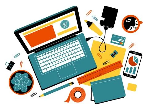Office workplace. Work table top view. Laptop and paper documents on desk Stock Illustration