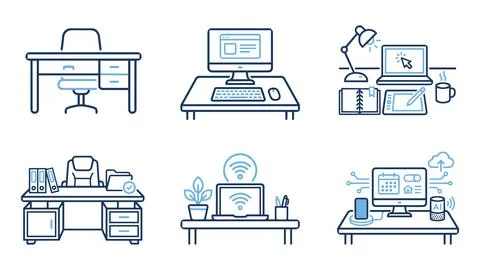 Office workspace and desk setup icon set in hand drawn style with workspace Stock Illustration