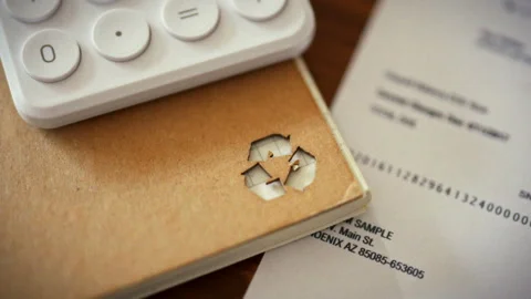 In an office workspace a bright recycling sign is shown up close among offic Stock Footage 336569842