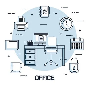 Office workspace chair computer clock printer secure file Stock Illustration