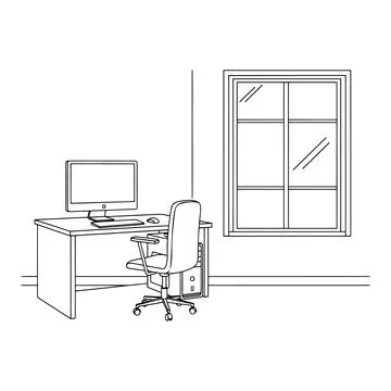 Office workspace with computer and chair in front of window desk Illustrazione stock
