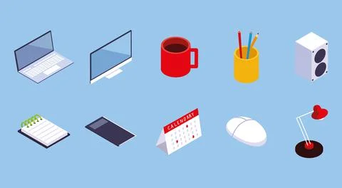 Office workspace computer laptop calendar pencil lamp icons 스톡 일러스트