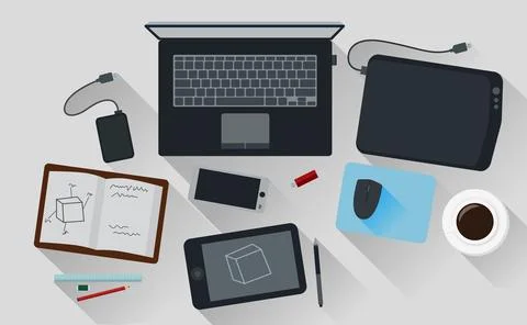 Office Workspace Computer Top View Flat Design, Vector Illustration Stock Illustration