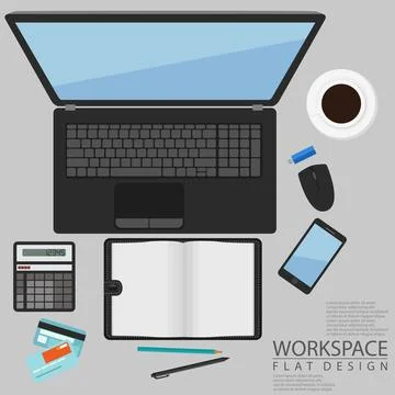 Office Workspace Computer Top View Flat Design, Vector Illustration Stock Illustration
