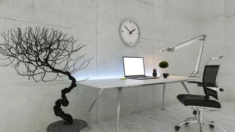 Office workspace with concrete wall realistic 3D rendering Stock Illustration